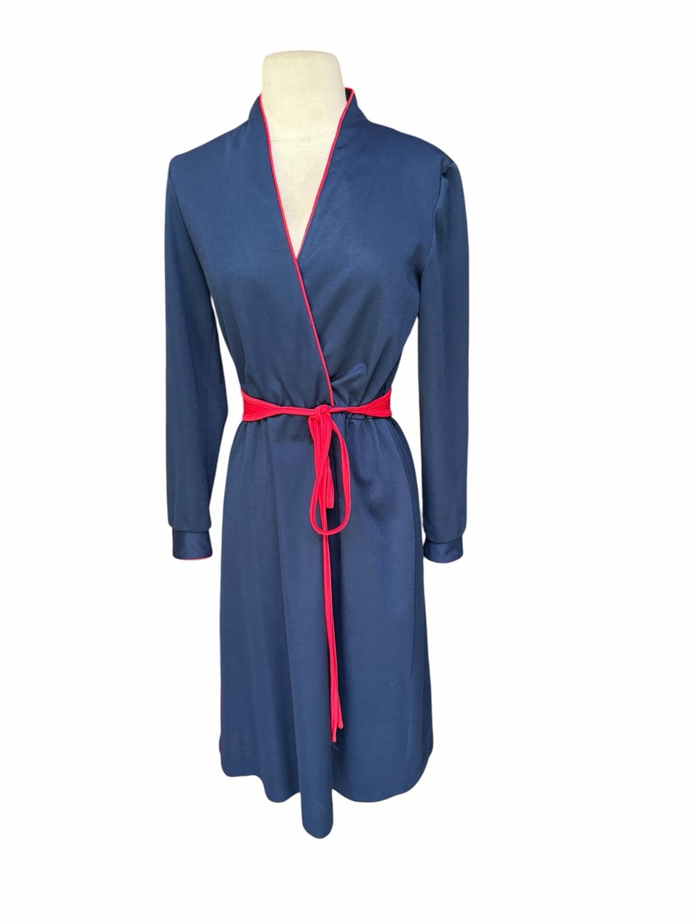 1970s Act I Poly Knit Faux Wrap Self-Tie Midi Dress